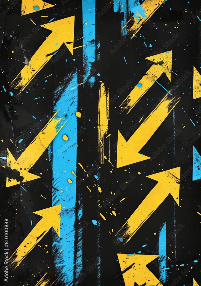 Sticker Dynamic composition of yellow arrows on a black textured background with splatter effects