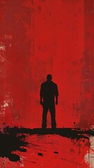 A stark, moody image with a silhouetted figure standing against a textured red backdrop, conveying a sense of mystery