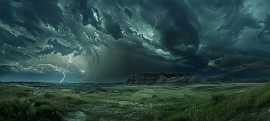 Summer thunderstorm unleashing over the badlands, with lightning striking distant peaks, captured in a moment of raw natural power - Powered by Adobe
