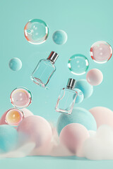 Levitating clear perfume bottles surrounded by colorful bubbles and spheres on turquoise background