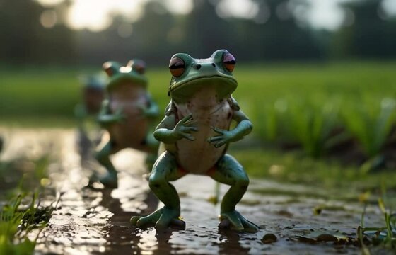 Frogs dancing in the rain, green frog standing on two legs on water in a field generative AI