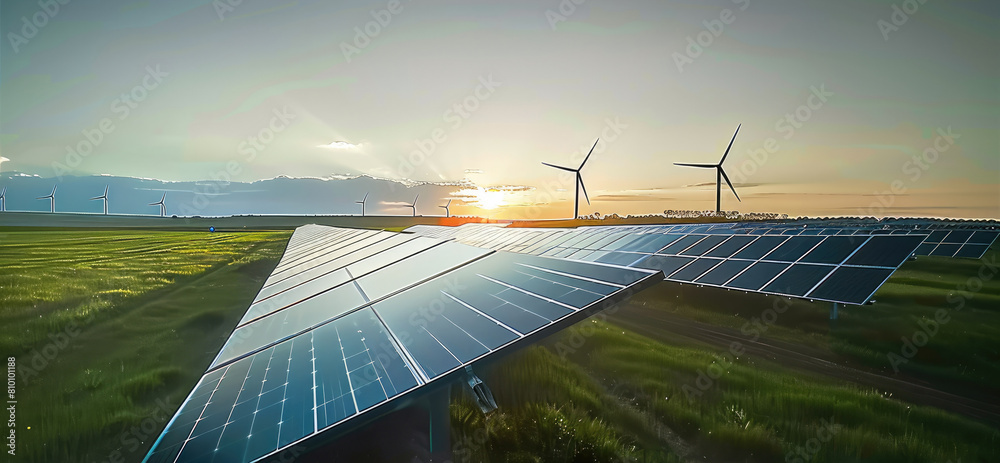 Aufkleber Solar and Wind Energy Synergy, A solar panel field in the foreground with wind turbines in the distance under a clear sky. Generative AI.