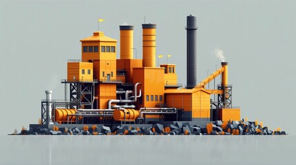 Flat solid color illustration of an amber-colored biomass power plant on a slate gray background converting waste to energy.