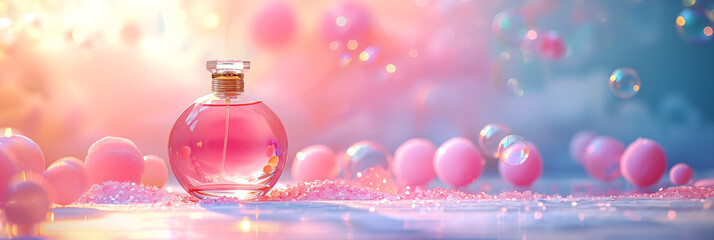Perfume bottle surrounded by pink bubble on colorful, sparkling background banner. Panoramic web header. Wide screen wallpaper