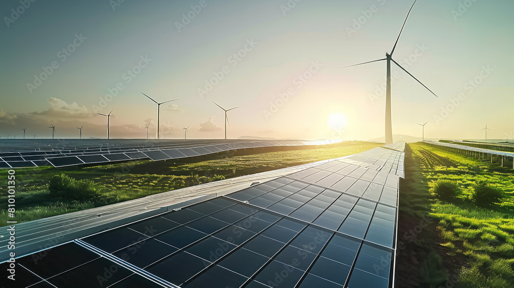 Poster solar and wind energy synergy, a solar panel field in the foreground with wind turbines in the dista