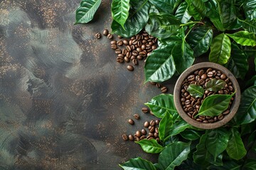 Coffee beans. ground coffee in a cup. green leaves. View from above. Free space for your text. 