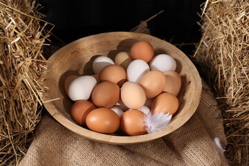 Fresh chicken eggs in bowl among dried straw bales