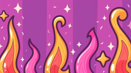 Fototapeta premium Three cartoon flames with stars, atop a purple backdrop Background includes a pink and purple striped wallpaper