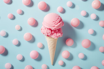 Pink ice cream cone surrounded by pink sphere on blue background