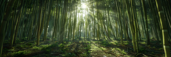 Sunlight pierces through thick bamboo canopies, casting dynamic shadows on the forest floor, in a...