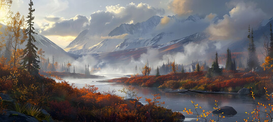 Sunlight piercing through clouds to illuminate a remote glacial lake surrounded by autumn-colored...