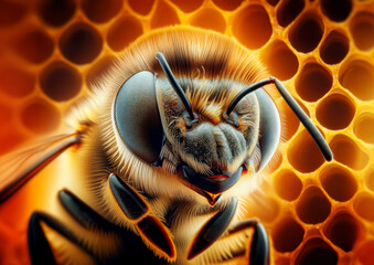Macro Detail of Honeybee on Honeycomb for World Bee Day