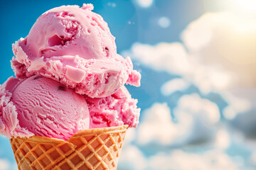 Bubble gum ice cream in waffle cone against blue sky with fluffy cloud and sunlight