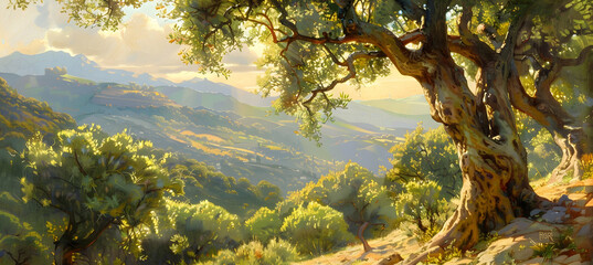Sunlit olives clinging to gnarled branches, with a backdrop of deep green foliage and distant rolling hills