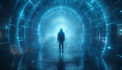 Futuristic blue neon tunnel with walking man