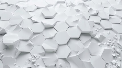 This is a clean white 3D surface with a geometric hexagonal pattern, some hexagons scattered and broken