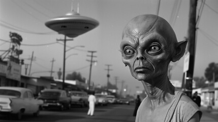 Black and white image of an alien with large eyes and a flying saucer hovering in the background in California in the 1950s