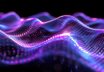 The image shows a digital 3D waveform pattern with glowing neon dots on a dark background