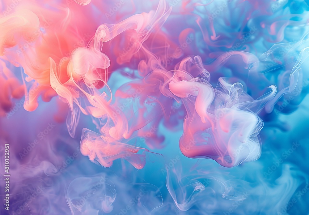 Wall mural Colorful smoke clouds in the water, closeup, pink and blue background, colorful ink