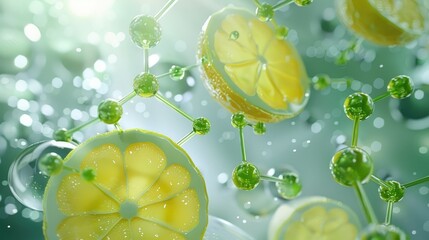 render of abstract art of a transparent scientific yellow lemon slices with luminous white background with surreal green molecules and luminous light and transparent sphere AI generated