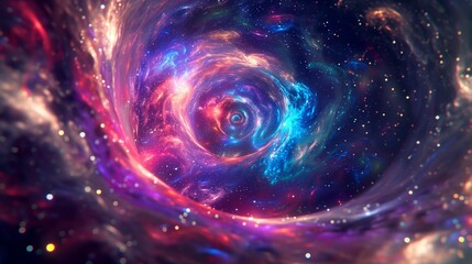 Fototapeta premium Swirling galaxies of neon hues cascading into an infinite abyss.