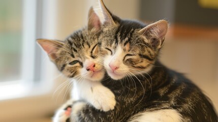 Naklejka premium Sleeping kittens cuddled together, great for pet and comfort themes.