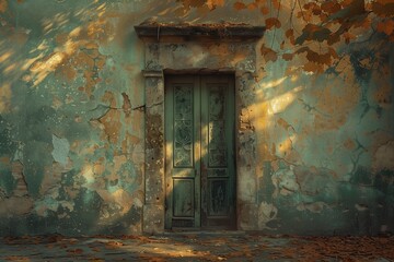 Fototapeta premium Old-Fashioned Doorway with Olive Green Art Details in a Dry, Hot Setting, Enhanced by Soft Morning Light