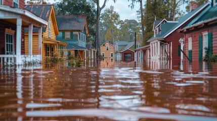  Red and brown water is rising over the street level of colorful houses.
