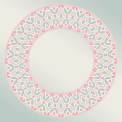 Decorative round ornament in pink blue white.  Pattern for plates or dishes.  Porcelain pattern design. Abstract floral ornament border. 