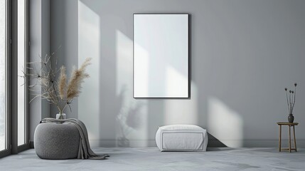 Grey gallery room interior with drawer and decoration, mockup frame realistic