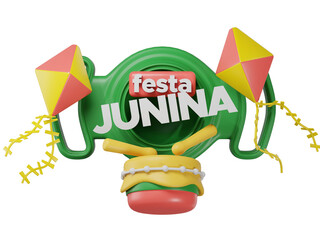 Festa junina label featuring pennants and drums