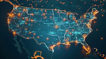 Digital map of the United States with glowing data points