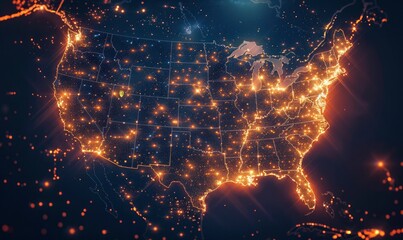 Digital map of the United States with glowing data points