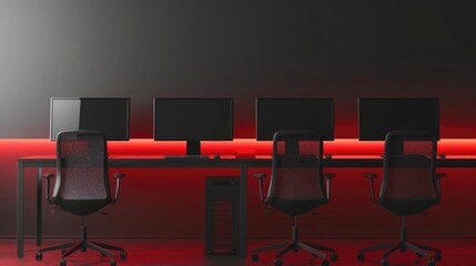 Gray and red hot desk office corner with row of computer desks realistic