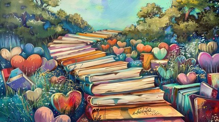 Oil painting artistic image of path made of heart-shaped books AI generated - obrazy, fototapety, plakaty
