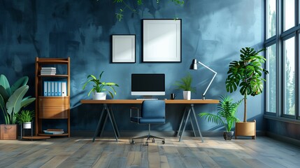 Sleek Modern Office Space - Detailed 2D Illustration with Copy Space for Text. Stylish Workspace with Contemporary Design. Cool Blue Accents.