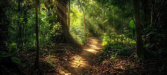 The serene beauty of a subtropical forest path dappled with sunlight, leading to an unseen, mysterious destination