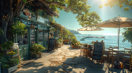 Wide view, outdoor seaside coffee shop, green main color. Generative AI.