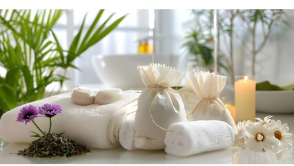 Spa center with herbal bags and towels in a serene white setting. Concept Spa Interior Design, Herbal Bags, Towels, Serene Environment, White Setting