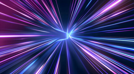 3d Render, Blue purple light line through dark background, hyper speed warp in space.