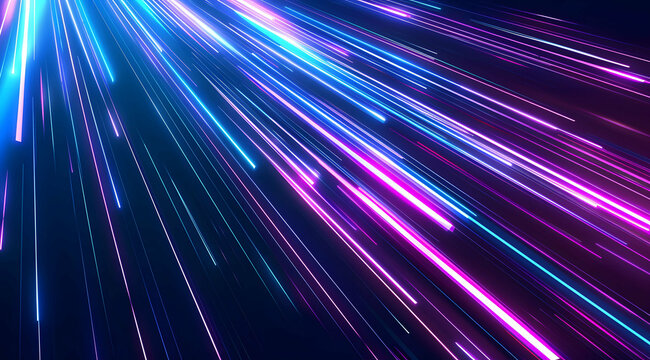 3d Render, Blue purple light line through dark background, hyper speed warp in space.