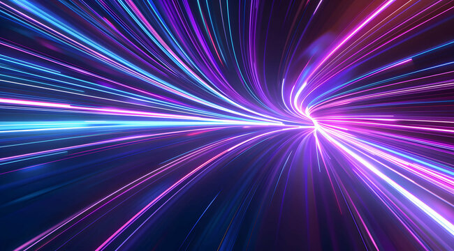 3d Render, Blue purple light line through dark background, hyper speed warp in space.