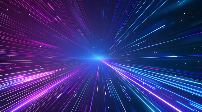 3d Render, Blue purple light line through dark background, hyper speed warp in space.