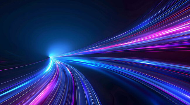 3d Render, Blue purple light line through dark background, hyper speed warp in space.