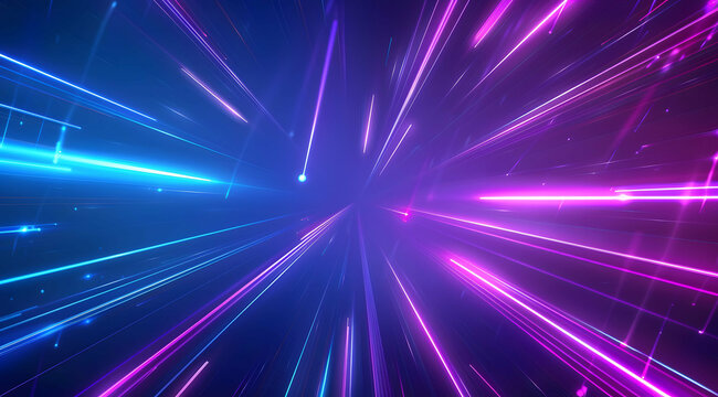 3d Render, Blue purple light line through dark background, hyper speed warp in space.