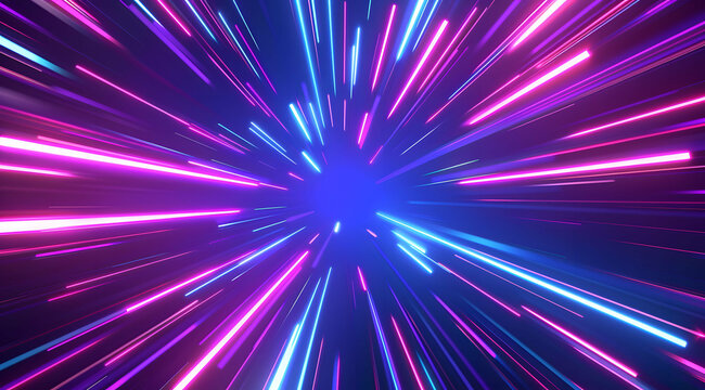 3d Render, Blue purple light line through dark background, hyper speed warp in space.
