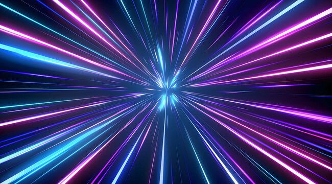 3d Render, Blue purple light line through dark background, hyper speed warp in space.
