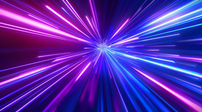 3d Render, Blue purple light line through dark background, hyper speed warp in space.