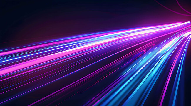 3d Render, Blue purple light line through dark background, hyper speed warp in space.