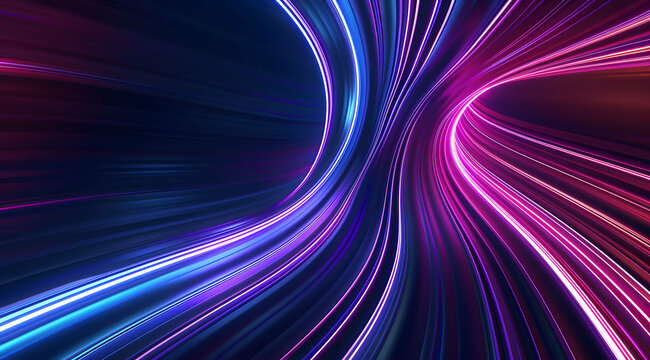3d Render, Blue purple light line through dark background, hyper speed warp in space.